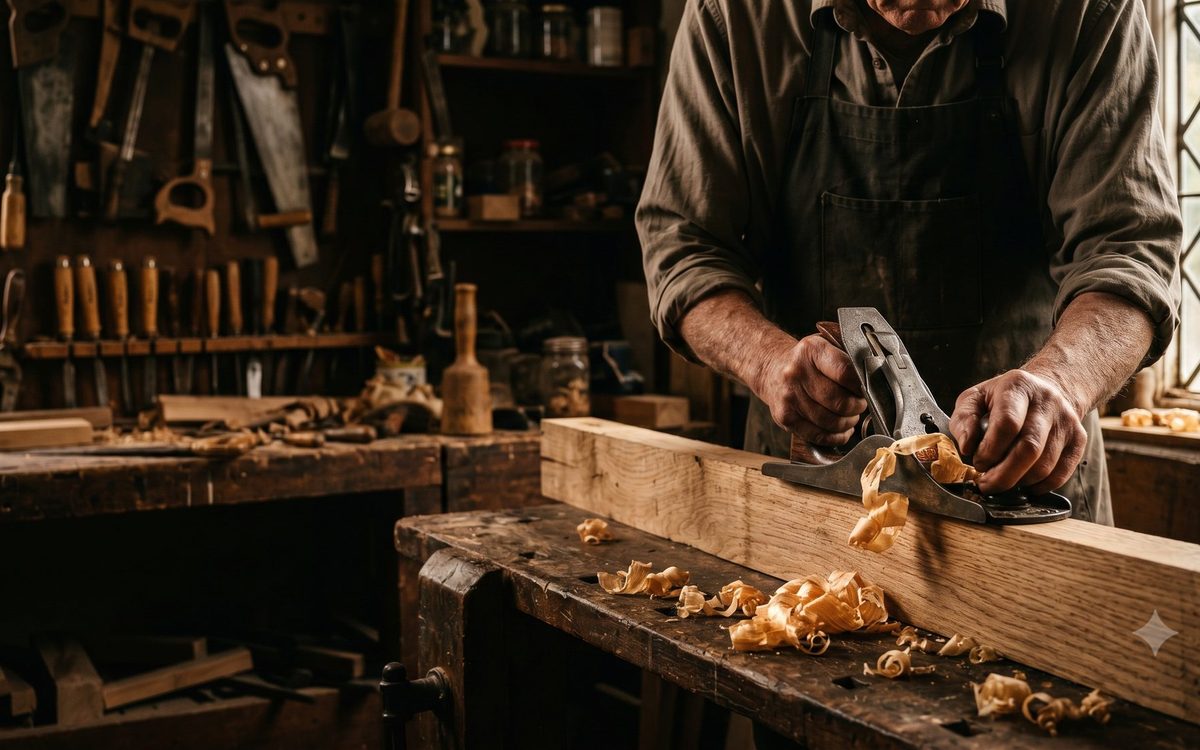 Heworth Joinery & Carpentry website, joiner planing oak in a workshop